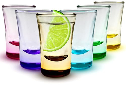 Volila Vasos de chupito de base pesada, 25 ml (paquete de 6), juego de colores para alcohol, vodka, expreso, tequila y postres, duraderos y reutilizables para el hogar, bares y fiestas