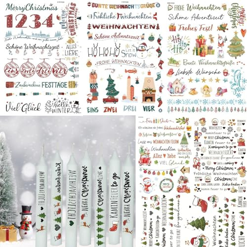 Kerzentattoo Weihnachten Wassertransferdruck - Wasserschiebefolie Kerzen Aufkleber Dekorieren 200+ Muster - Lieblingsmensch Kerzenfolie DIY Kerzensticker Für Adventskerzen Geburtstagskerzen (6 Stück)