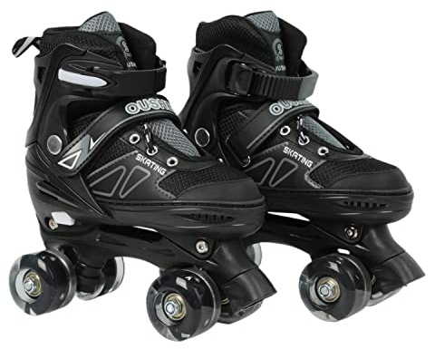 XUANYU Pattini Quad per bambini senza ruote luminosi Pattini a rotelle neri taglia S (regolabili 27 a 32) comodi e traspiranti roller skates per ragazze e ragazzi adolescenti principianti