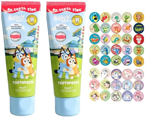 Bluey Toothpaste Twin Pack (Strawberry) with Homlix Reward 100 Stickers - Children Strawberry Toothpaste
