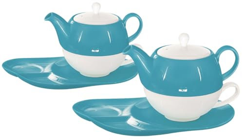 2 Stück Buchensee Tea for One Lena 500ml aus Crystal Bone China Porzellan in türkis. Teekanne + Teetasse + Untertasse mit praktischen Ablageflächen