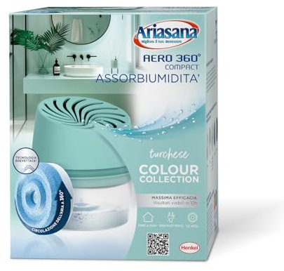 Ariasana Assorbiumidità Aero 360° Compact Turchese Colour Collection, 1 Deumidificatore e 1 Tab di ricarica 450g, Assorbiumidità per la circolazione dell'aria, Deumidificatore casa contro l'umidità