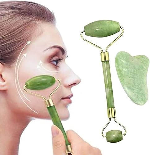 Gua Sha MassagegeräT, Jade Roller Set, Natü Rliche Jaderolle, Gesichts FüR Anti-Aging-Falten, Schlankheit Und Straffung Gesicht, Gesichtsroller Gesichtsmassage