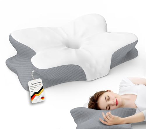 Zaburifo 50D Orthopädisches Nackenkissen mit Memory-Schaum | EU-Designpatent & Zertifizierungen | 2 Anti-Pilling-Bezüge | Vorbeugt & Lindert Kissen für Nackenschmerzen | Für Alle Schlafpos.(Weiß/Grau)