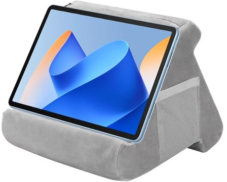 Behogan Tablet Halter Kissen, Dreieck Tablet Kissenständer Mit Tasche, Mini-Computer-Halter, Lesekissen Ständer, Buchablage, Laptop-Kissenhalter für iPad-Telefonhalter, E-Reader, Smartphones, Grau