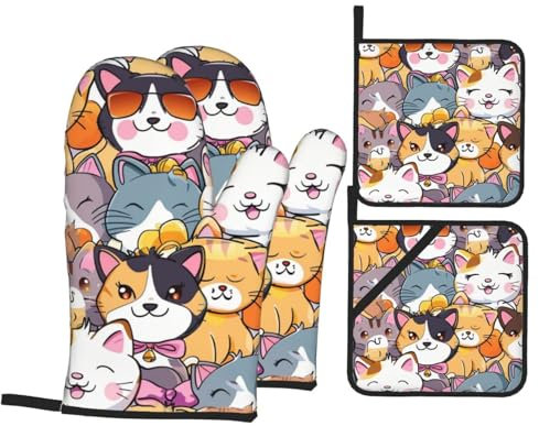 Guanti Da Forno E Presine Da Cucina Set, Cute Kawaii Cats Guanti Da Forno Professionale Presine Da Cucina Antiscivolo Guanti Da Barbecue Per Natale Forno Ringraziamento