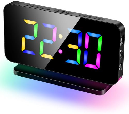 GlasFlength Reloj Despertador Digital, 7'' LED Reloj Digital Sobremesa 5 Brillo Espejo Reloj Mesita de Noche con 11 Luces RGB 5 Volume Snooze Alarm Clock 2 Puerto de Carga USB,12/24H