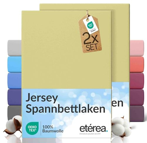 etérea Jersey 2er Set Spannbettlaken 90x200cm - 100x200cm Lind bis 25 cm Höhe - 100% Baumwolle Spannbetttuch Oekotex - Doppelpack Bettlaken 90x200 cm - 100x200 cm - Grün