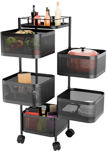 Qinlenyan Cesto di frutta in rotazione per carrelli scaffali a portata stoccaggio metallo da cucina, cesto su ruote, carrello 5 livelli con coperchio superiore verdure Nero 5 strati