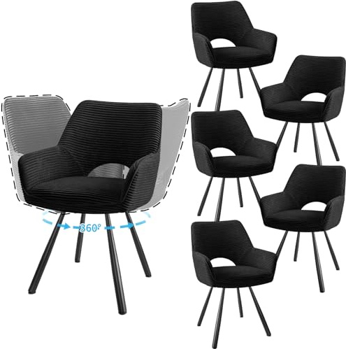 JIJIAN 6er Set 360° Drehbare Esszimmerstühle mit Armlehnen, Schwarz | Drehbar Stühle Esszimmer mit Metallbeinen, Moderner Küchenstuhl aus Cord, Polsterstuhl für Esszimmer, Küche, Wohnzimmer