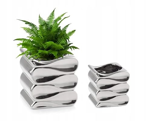 DomoDomo Cassa in ceramica argentata, forma d'onda, 18 x 15 cm, vaso decorativo in ceramica con effetto specchio, design moderno per interni