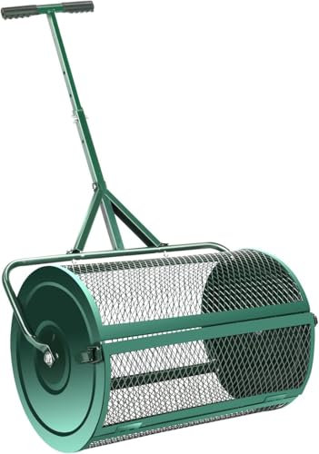 Épandeur de compost de 24 pouces pour pelouse avec poignée réglable en T, rouleau d'épandage d'engrais à base de tourbe, panier en maille métallique pour épandeurs de gazon et de fumier (vert)