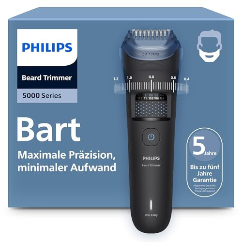 Regolabarba Philips serie 5000 - Lame in metallo autoaffilanti, 40 impostazioni di lunghezza, tecnologia BeardSense, raccoglitore peli, impermeabile, pettine sfumatura, custodia da viaggio, BT5785/30