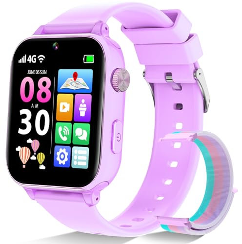 Alutoria 4G Smartwatch Bambina, Orologio GPS Bambini, Con Videochiamata e Telefono, WIFI/GPS/LBS Contapassi/Ricevi SMS SOS Modalità Scuola Sveglia, Regali per Bambini Dai 4 Anni in Su, Viola tenue