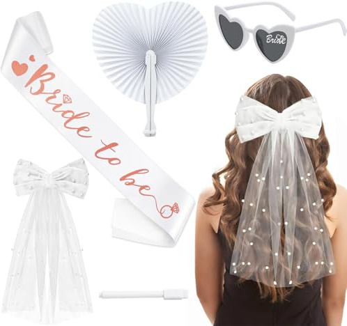 5 Stück JGA Accessoires Frauen,Schleier JGA Weiße,Bride to Be Schärpe | Herz Sonnenbrille,Fächer Hochzeit,Weißer Marker,JGA deko frauen für Junggesellenabschied Brautparty und Hochzeitsfotografie