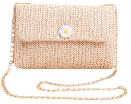 XFSRG Bolso Mujer de Paja Vintage Elegante Verano Crossbody Bohemio Moda Clutches con Cadena para Playa Boda Vacaciones Fiesta(Blanco)