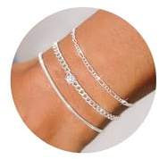 Diorra 3 Stück Armband Damen Silber, 925 Sterling Silber Armband Set Verstellbare Stapelbare Figaro Perlen Ketten Armbänder Schmuck Geschenke für Frauen