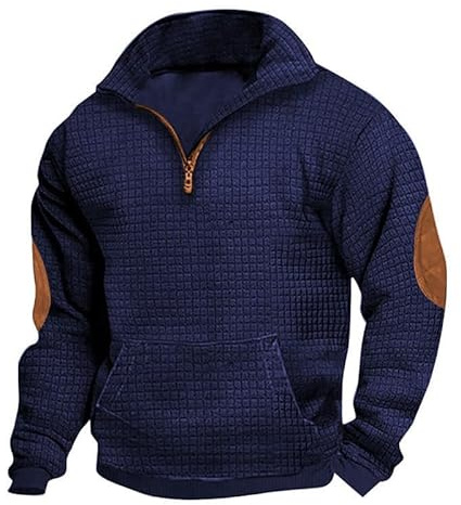 Fleece Pullover Herren 1/4 Reißverschluss Stehkragen Sweatshirt Herren Pullover mit Ellenbogen-Patches Vintage Langarmshirt Ohne Kapuze Herbst Winter Sweatjacke Arbeitspullover Corduroy Outdoor