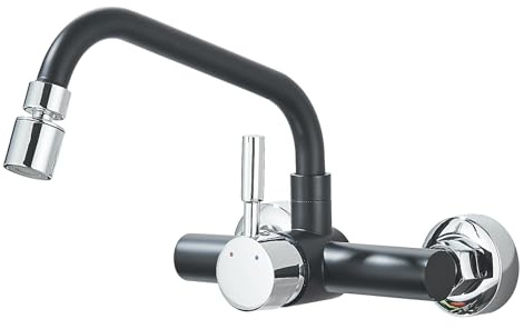 Saeuwtowy Rubinetto cucina da parete 15 cm foro di montaggio, rubinetteria miscelatore monocomando in acciaio inox, rubinetteria per lavello rotazione a 360°, acqua fredda e calda, nero