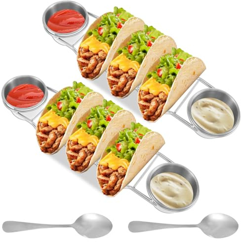 Juego de 8 soportes para tacos de acero inoxidable, resistentes a la corrosión, aptos para horno, lavavajillas, con cuchara, taza de ensalada, bandeja para servir platos mexicanos, coberturas, regalo