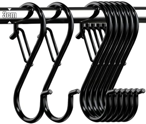 WsKingWA Heavy Duty Stainless Steel S Hooks with Safety Buckle, 8 PCS | Black Metal S-Shaped Hooks with Anti-Drop Clasp. Ideal for Kitchen, Wardrobe, Garden and Storage