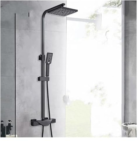 XCHSXYL Rubinetto termostatico per Doccia, Nero, Cromato, Miscelatore Caldo/Freddo, soffione Doccia a Pioggia, Set Doccia per Vasca