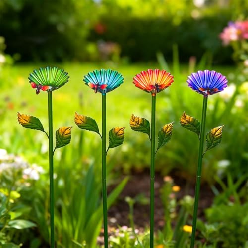 Vilgftyiet Confezione da 4 pali in ferro per mangiatoie per fiori, 61 cm, decorazione da giardino colorata per uccelli e api, pali in metallo resistenti alle intemperie con tazze di fiori a doppio