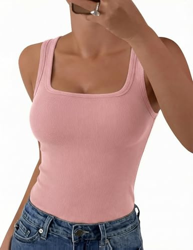 Aottori Camiseta sin Mangas Mujer Verano Cuello Cuadrado Tops Ajustado Elástico Camisetas Tirantes Elegante Punto Tank Top Sólido Básica Chalecos Top