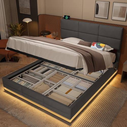 MARSBIRD Polsterbett 140x200cm mit Stauraum, Doppeltbett Bettrahmen mit LED und Zweiseitige USB/Type-C-Ladefunktion, Bettgestell mit verstellbarem Kopfteil, mit Lattenrost Ohne Matratze, Grau
