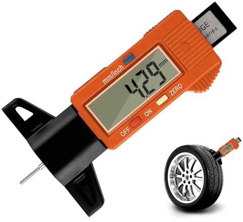 Gvolatee Jauge de Profondeur de Bande Roulement Numérique, 0-25.6mm, Orange | Jauge Profondeur Pneu avec Grand Écran LCD, Jauges de Profondeur Pneus Numerique, pour Auto, Moto, Vans, Camions