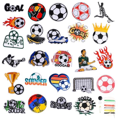 25 Stück Fußball Patches zum Aufbügeln und Aufnähen | Bestickte Bügelbilder & Aufnäher Set für Kleidung, Rucksäcke, Jacken, T-Shirts, Hüte & Jeans, Ideal zum Reparieren