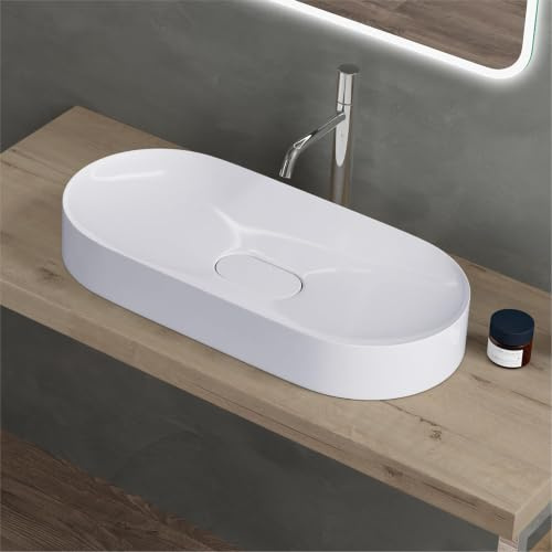 doporro Lavabo da Appoggio 70 cm per Bagno, Lavamani senza Foro Rubinetto | Lavandino per Bagno in Resina Minerale, Colore Bianco, Finitura Lucida, Superficie con Effetto Loto, senza Foro per Rubinetto