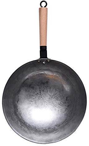 Wok Martillado A Mano, Pow Wok Chino De Acero Al Carbono - Wok De Acero Al Carbono Con Madera Y Mango Auxiliar De Acero, Ideal Para Cocinar Salteados Abrasador Freír Al Vapor,30cm