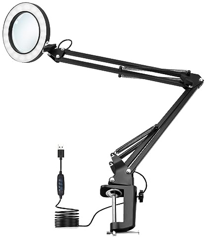 LED Magnifying Lamp,Adjustable 10X Magnifier Desk Lamp with 3 Colors 4.13 Diameter Glass USB Magnifying Lamp with Adjustable Swivel Arm (Black)