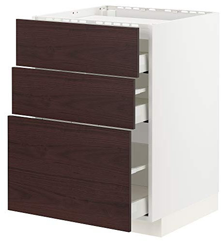 Table de cuisson METOD/MAXIMERA - 3 façades - 3 tiroirs - 60 x 61,6 x 88 cm - Blanc Askersund/marron foncé effet frêne
