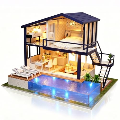 Cuteefun DIY Miniatur Puppenhaus Kit mit Musik und LED Licht | Bauen Sie Ihr eigenes Traumhaus Modell, Kreative Bastelgeschenke, zum Geburtstag Weihnachten (Zeit Apartment)