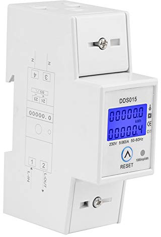 Compteur d’énergie numérique, 5-80A 230V AC monophasé KWh Mètre Haute précision Moniteur d’alimentation électrique LCD Affichage Wattmètre avec indicateur LED, DDS015 Din Rail Mount