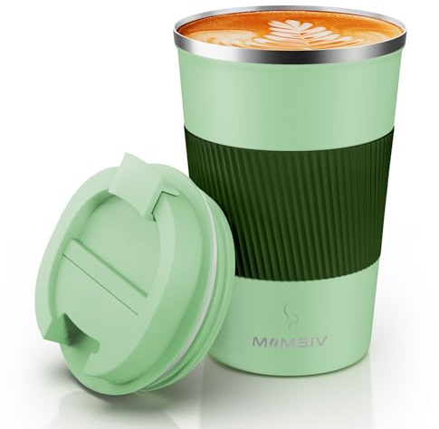 MOMSIV Coffee Cup, Insulated Coffee Cup with Leakproof Lid, Non-Slip Vacuum Reusable Stainless Steel Eco-Friendly Travel Office Mug for Hot and Cold Water Coffee and Tea, 380ml/13oz(Green)