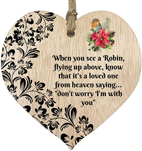 When You See a Robin Hanging Wooden Heart Sign Plaque, Loved Ones in Heaven | Light Wood Hearts Sign, Red Robin Plaques Memorial, Christmas Decorations Gifts, Rememberence Plaques By Stuff4
