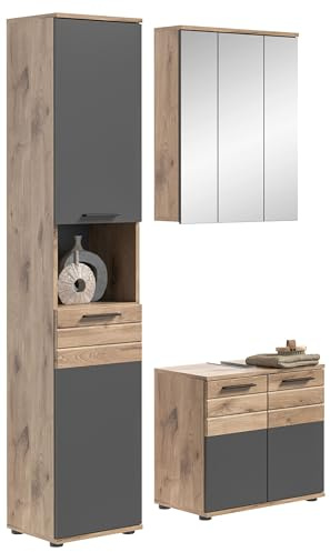 xonox.home Badezimmer Mason 3tlg. Kombination Badmöbel Set kleine Bäder Komplettprogramm Bademöbel-Set in Basalt grau Nb.,Nox Oak Nb.Hochschrank Waschbeckenunterschrank Spiegelschrank