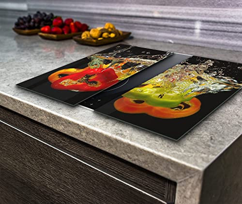 Couvercle de plaque de cuisson électrique à induction en verre, poivrons sur fond noir, 2 parties (2 x largeur 40 x hauteur 52 cm)
