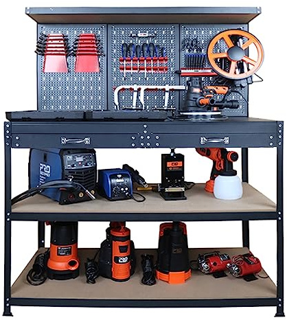 Prostormer Workbench, 47.25 inch Multipurpose Garage Worktable with Peg Board Hook Kit and Drawers for Home, Garage, and DIY Projects
