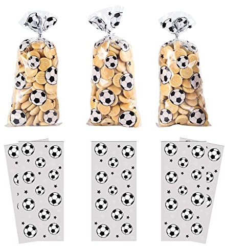 100 x fotbollspåsar, presentpåsar, fotbollsfest souvenirväskor, fotbolls-cellofanpåse för godis med 100 silverrosetter