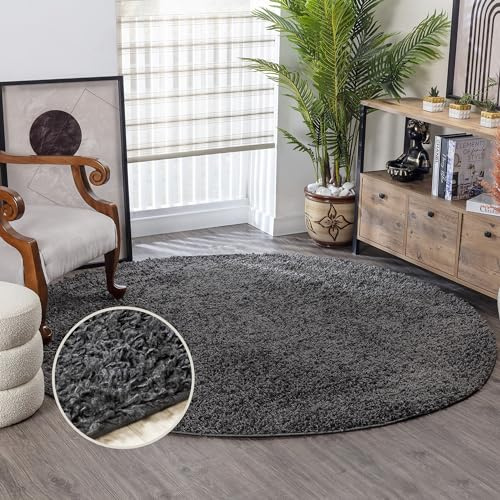 Surya Home Shaggy Berber Teppich - Flauschiger Teppich für Wohnzimmer, Esszimmer, Schlafzimmer, Langflor Hochflor Teppich flauschig - Teppich groß 200 cm Rund, Wohnzimmerteppich in Dunkelgrau