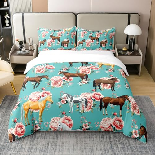 100% Organic Cotton Kids Horse Bedding Set Chic Retro Floral Duvet Cover For Girls Teens Galloping Horse Printed Comforter Cover 3D Wild Farm Animal Bedding Bedroom Decor Queen Size, Green Pink