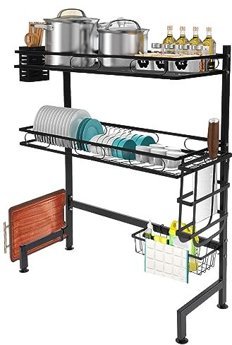FUROMG Scolapiatti sopra il lavandino, stoviglie antiruggine, scolapiatti, scolapiatti, scolapiatti, organizer da cucina, con porta utensili, tagliere, blocco portacoltelli, colore nero (62 cm)