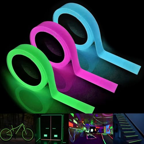 WHC Lot de 3 Ruban Autocollant Fluorescen, 5M*1CM Glow in The Dark Tape | Bande Réfléchissante Phosphorescente Imperméable, pour décorer la scène, Le Garage, Les Escaliers(Vert + Bleu + Rose)