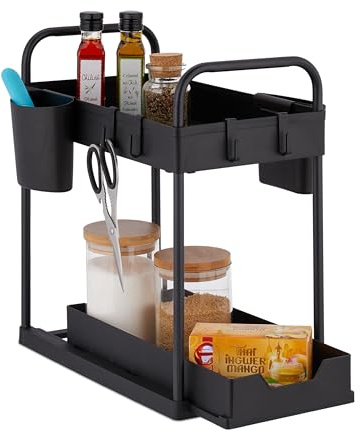 Relaxdays Unter Waschbecken Regal, 2 Etagen, ausziehbar, 4 Haken & 2 Becher, Putzmittel Organizer für Küche, schwarz