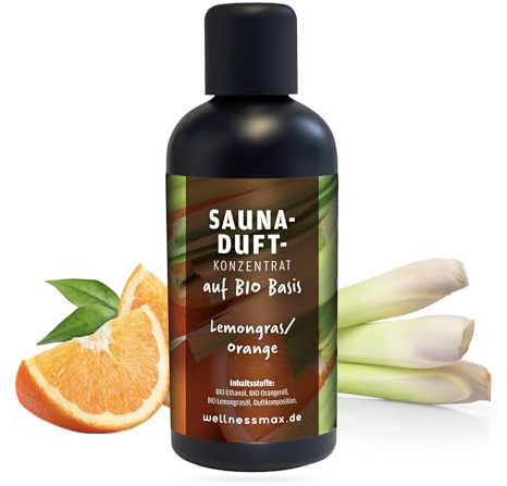Wellnessmax Bio Sauna-Aufguss Lemongras/Orange Saunaöl auf Bio-Basis 100 ml I Premium Sauna Aufgussmittel für für Saunen, Aromaschalen, Kräuterbäder und Dampfbad ein 100% natürlicher Saunaduft
