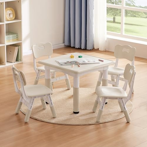 GITAWUSA Kids Study Table and Chairs Set, Height Adjustable Toddler Table and Chair Set for Kids Ages 3-8, 23.6 L x 23.6 W Graffiti Desktop Plastic Children Art Table with 4 Seats, Burlywood